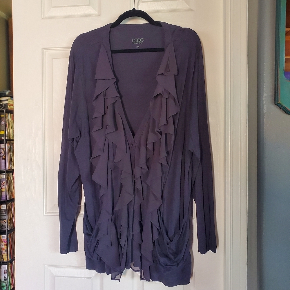 LOGO Lori Goldstein Chiffon Ruffle Front Cardigan Blue Button-up Flowy Grunge